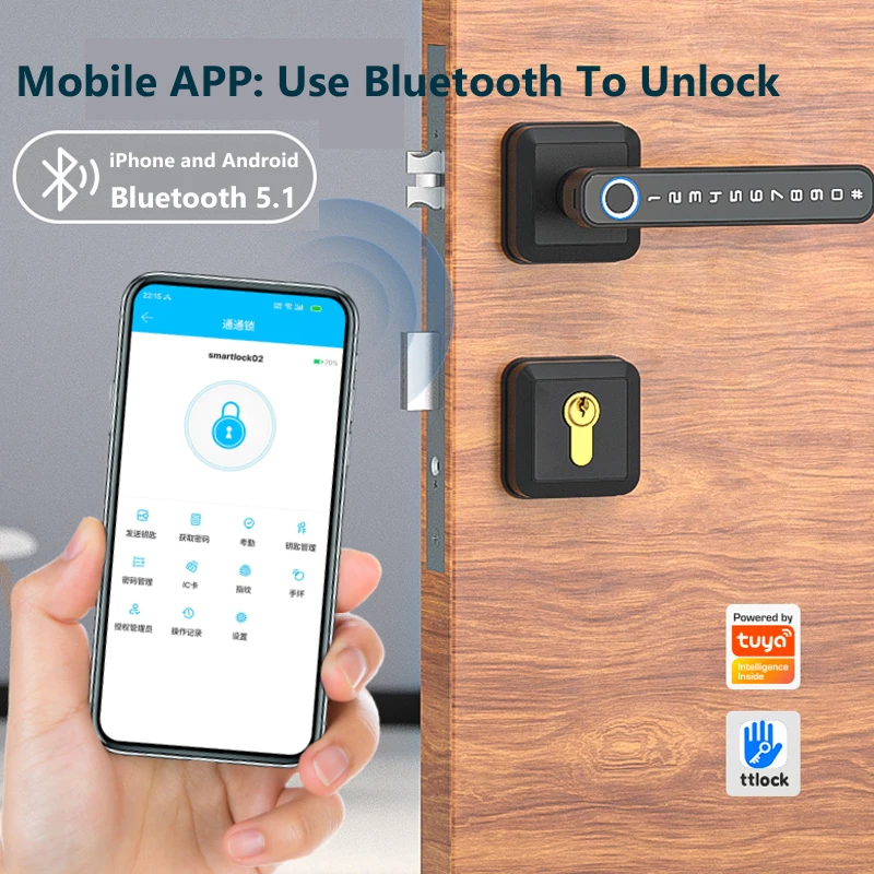 Fingerprint Door Smart Lock with Bluetooth for Tuya APP, Electronic Lock, Biometrics, Password, Key, App Unlock