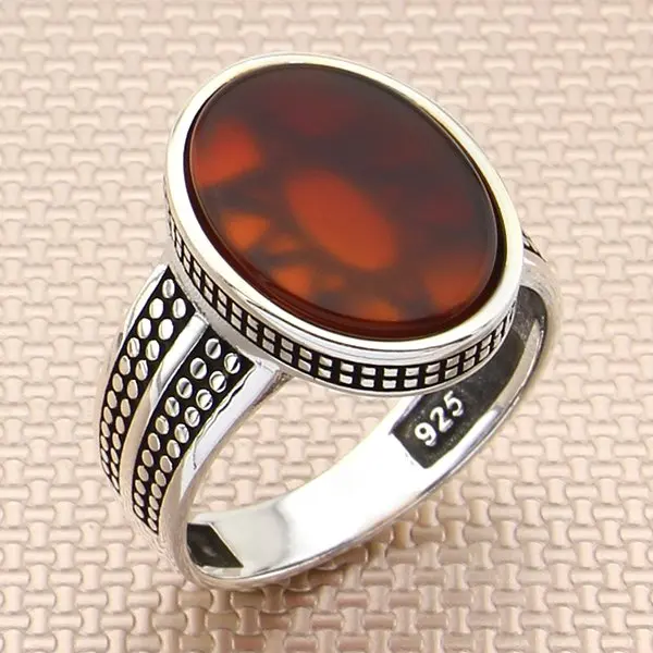 

Oxidized Straight Oval Red Agate Stone Men Silver Ring Little Finger Silver Ring Made in Turkey Solid 925 Sterling Silver