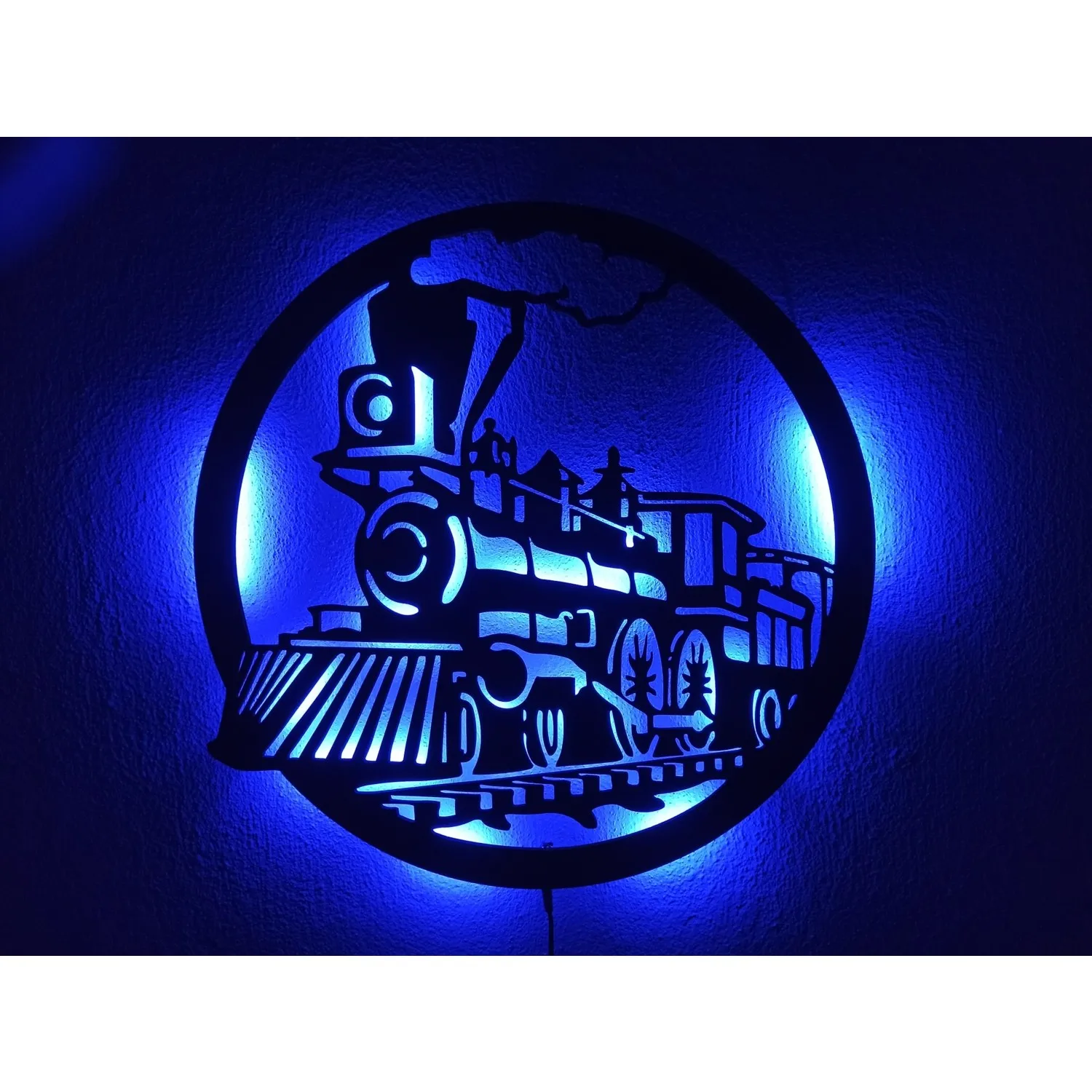 Treno LED illuminato pittura murale Led illuminato legno 4 mm Mdf tavolo decorativo 50 x50cm illuminato legno/decorazione della parete blu