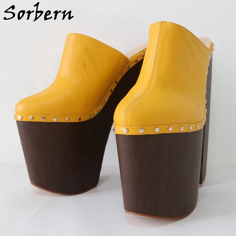 Sorbern Ginger Yellow Pump Shoes 24cm Women Mules Rivet Punk Clogs Block Wooden Style Wide Heels Unisex Shoe Thick Platform