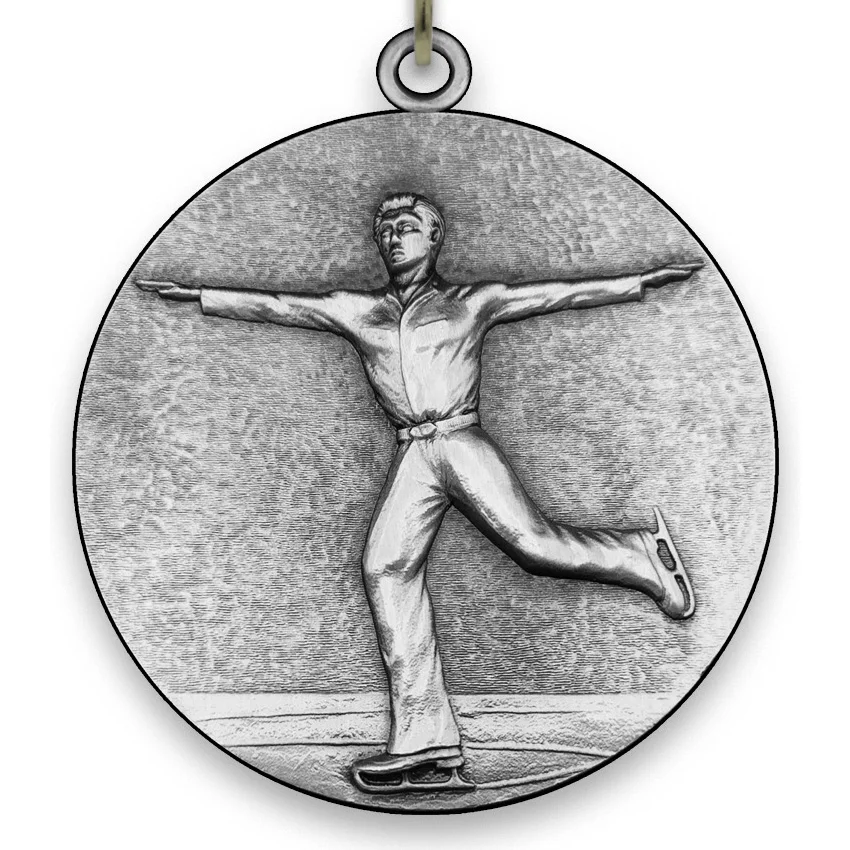 Large Metal Figure Skating Male - Silver Medal - 6,4 cm - with Neck Ribbon size 2,2cm x 80 cm - Choice of Ribbon Colours.