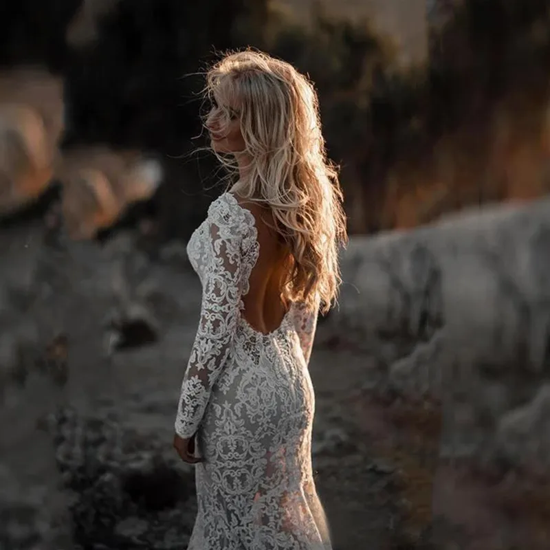 Vestido de novia bohemio De encaje, traje Sexy de sirena con espalda abierta, mangas largas, hecho a medida