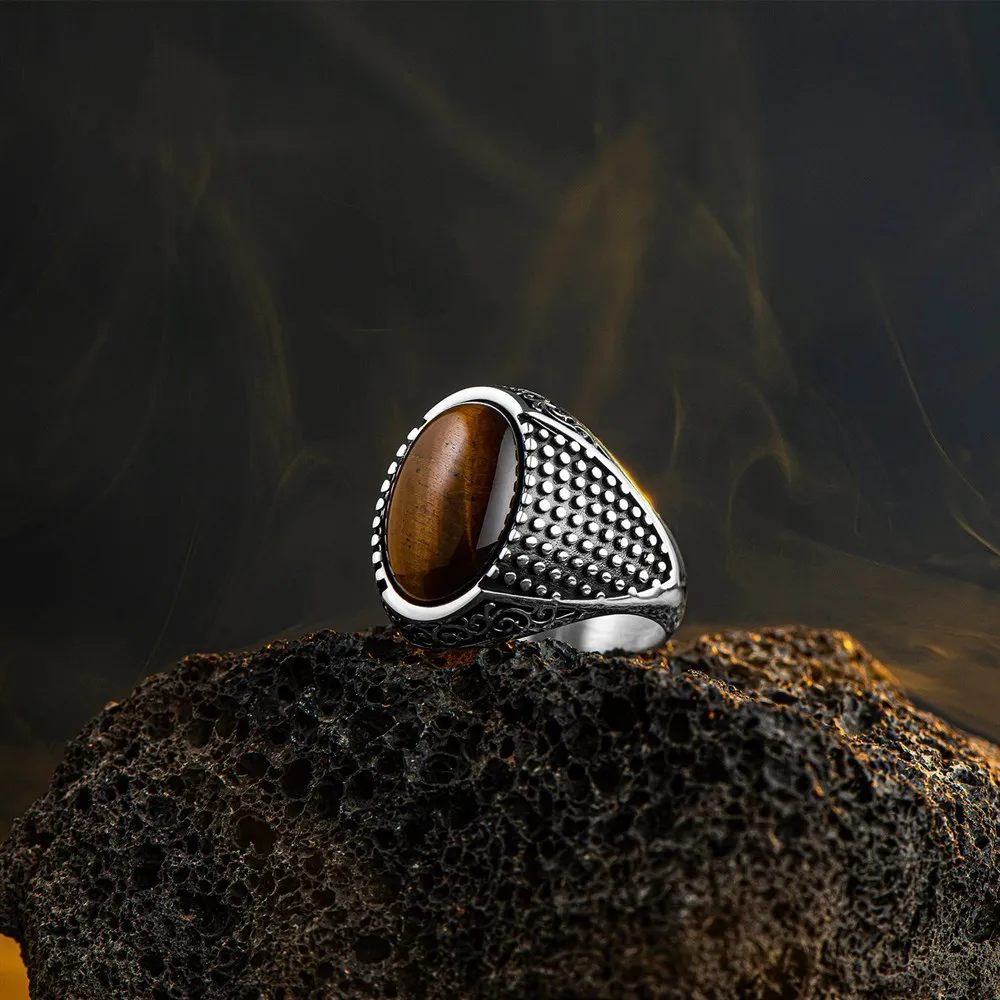 Mens Cool Punk Fashion Brown Tiger Eyes Gemstone Men’s Ring Point Motif Side Ring Mens Engraved Men Ring Boy Jewelery Gift