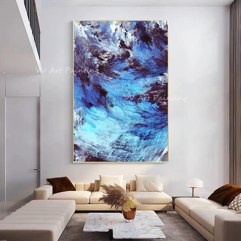 Modern Abstract Blue Ocean Oil Painting Hand Painted Texture Wave Canvas Wall Art for Living Room Large Dynamic Home Wall Decor