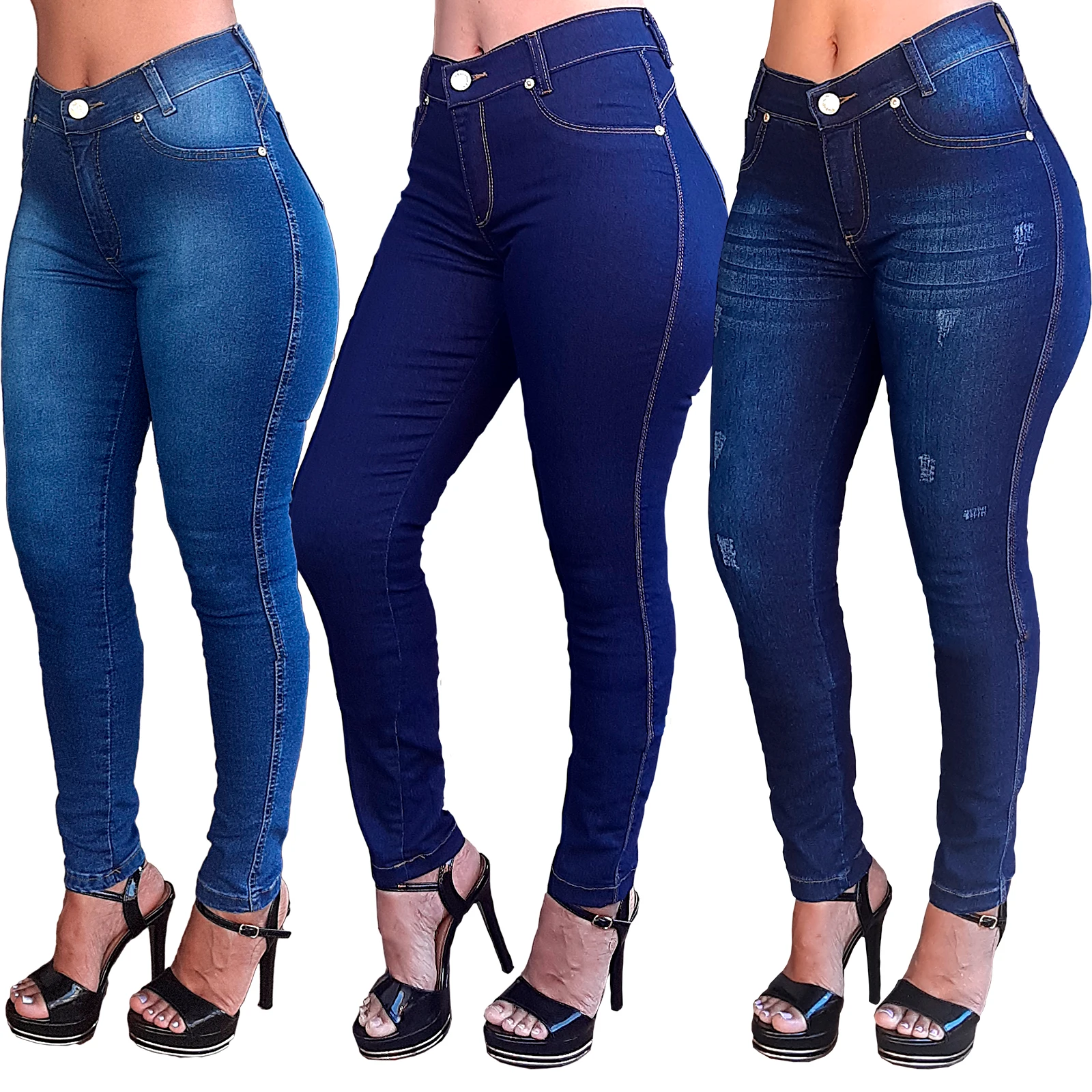 Kit 3 Calças jeans female Lycra waist high rears butt manufactures