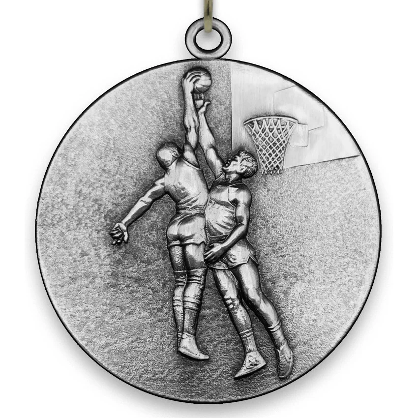 Large Metal Basketball Male Silver Medal - 6,4 cm - with Neck Ribbon 2,2cm x 80 cm -  Choice of Ribbon Colours.