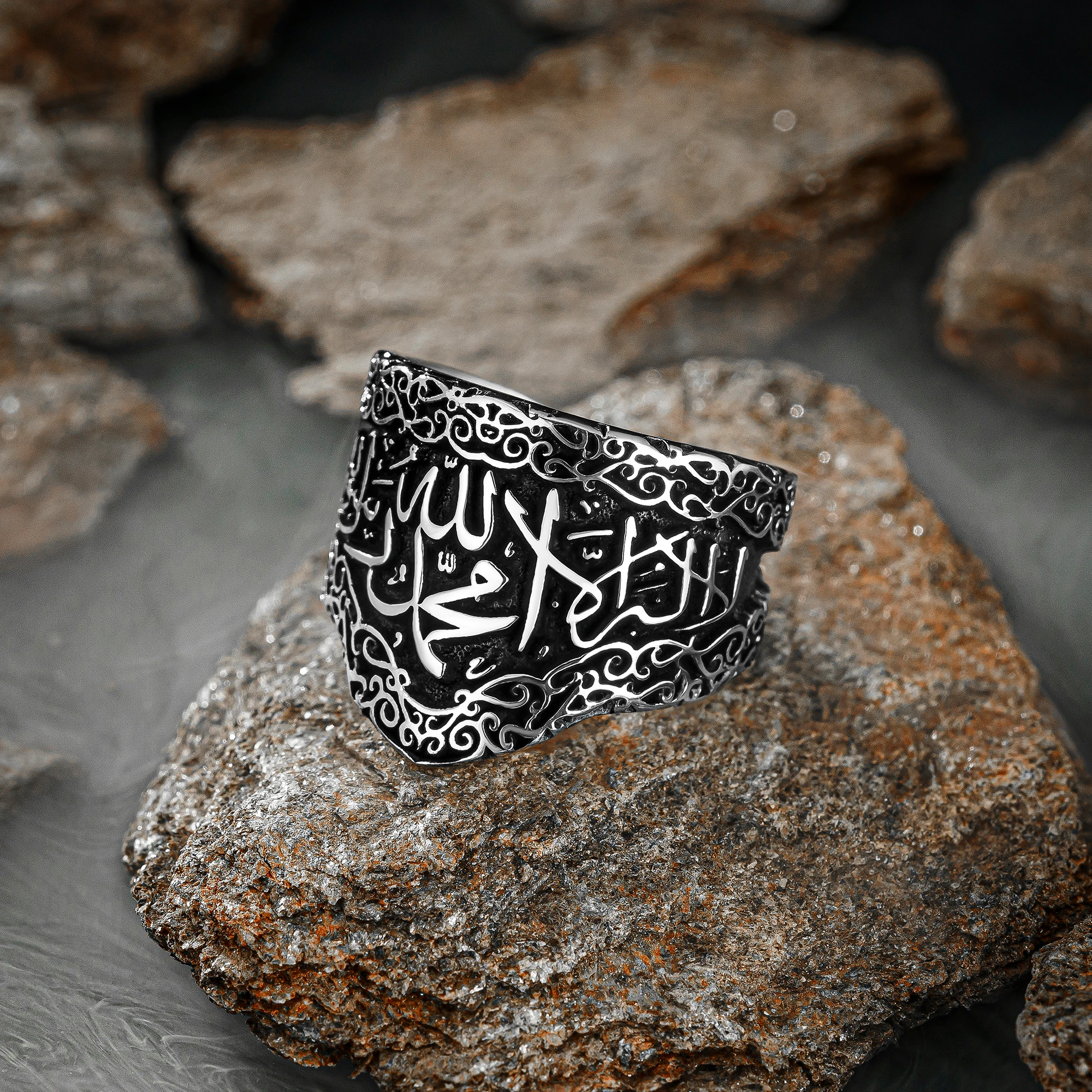 Solid 925 Sterling Silver Word of Tawhid Islamic Men's Ring Business Jewelery Handmade Allah Muhammed Jewelry Gift For Him