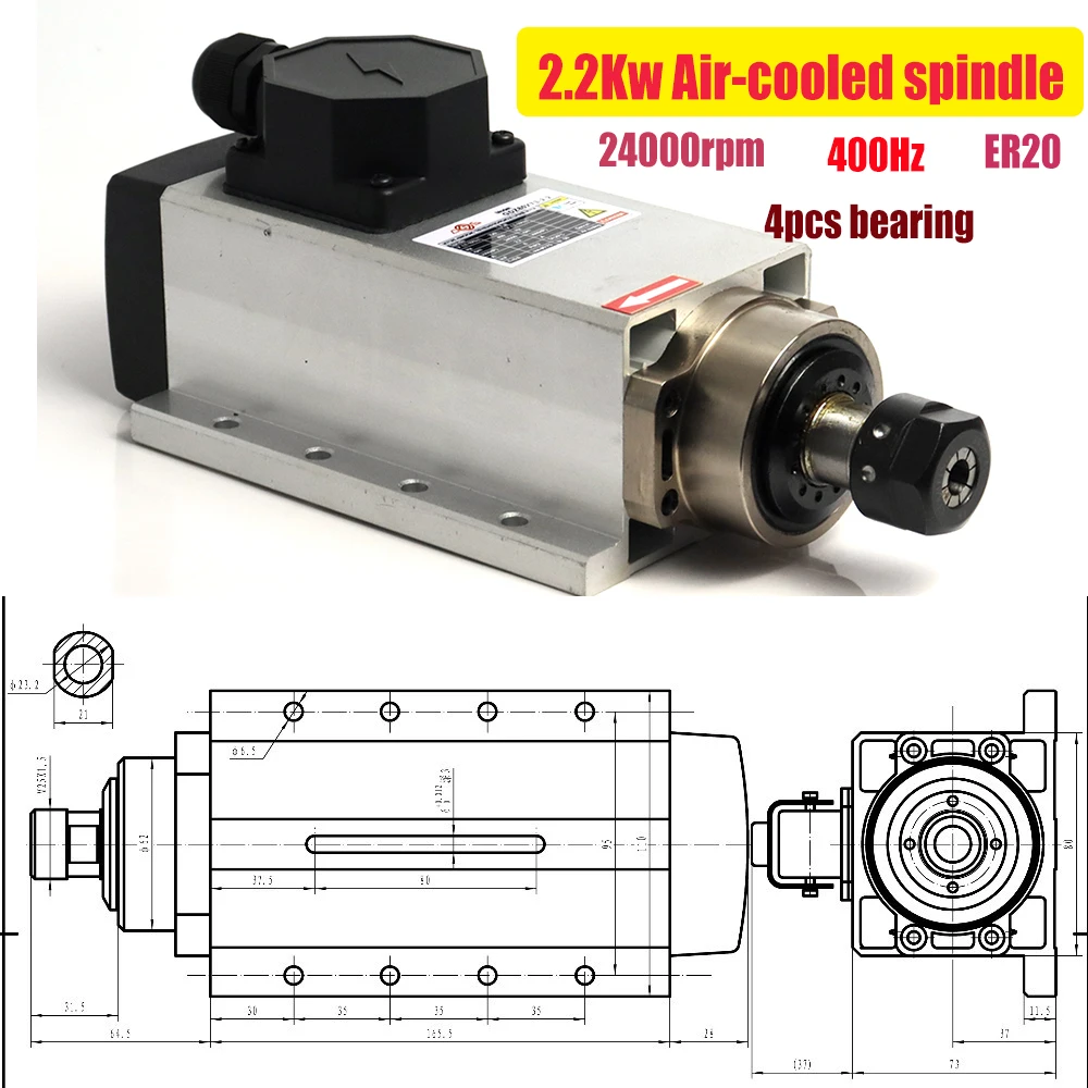 2.2KW Air Cooling Square Spindle Motor ER20 220V/380V Runout-off 0.01mm 4pcs Bearing Air Cooling Spindle For CNC Milling