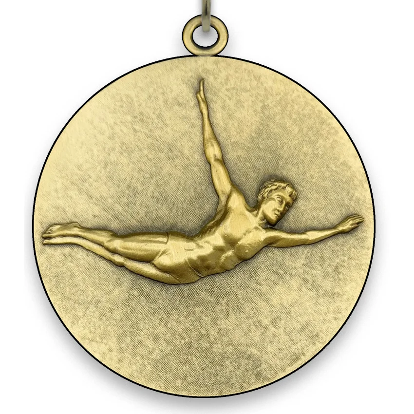 Large Metal Diving Medal - Male - Gold-6,4 cm - with Neck Ribbon size 2,2cm x 80 cm - Choice of Ribbon Colours.