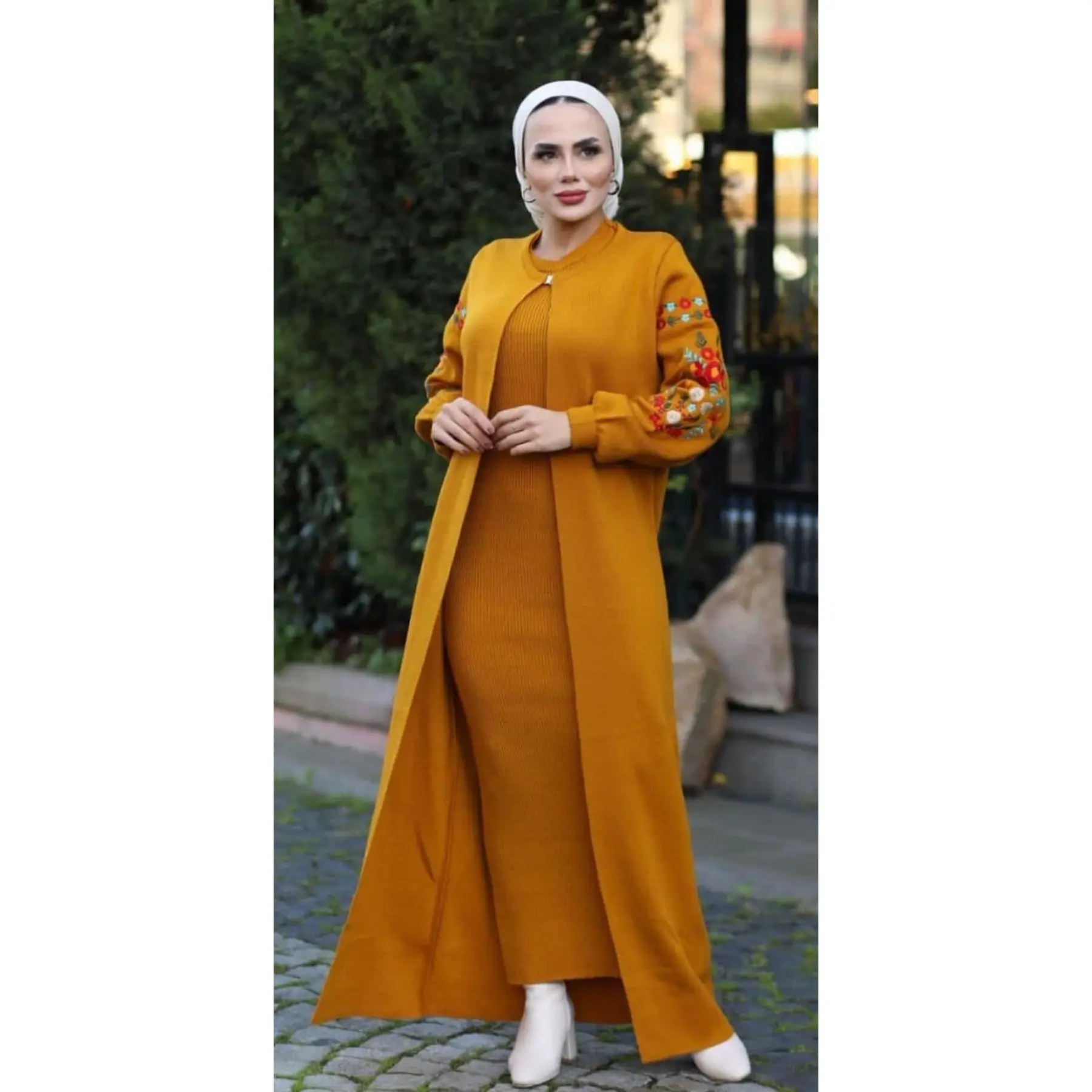 2 Potong Wanita Set Bordir Bermotif Pakaian Rajut Maxi O-Neck Pola Bunga Lengan Gaun dan Maxi Cardigan Lengan Panjang Turki