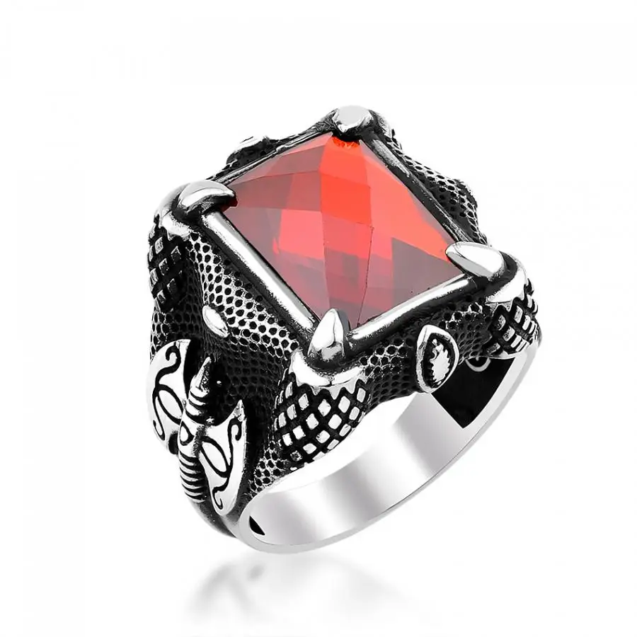 Sterling Silver Mens Axe Ring with Red Zircon Stonework Fashion Turkish Premium Quality Handmade Jawelery