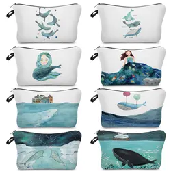 Cute Whale Girl Print kosmetyczka dla kobiet marka Girl kosmetyczka pojemna torba do przechowywania praktyczne etui z zamkiem błyskawicznym