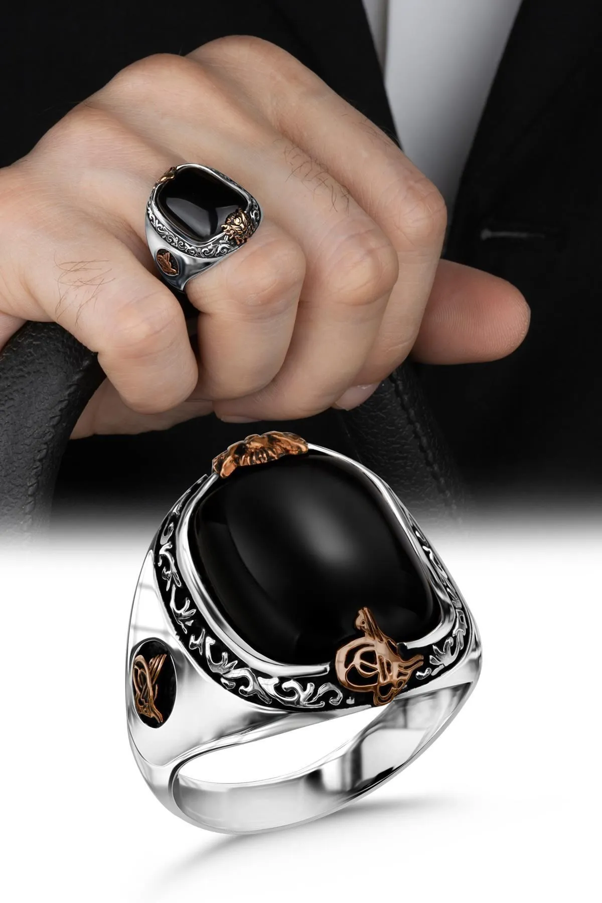 

Solid 925 Sterling Silver Black Onyx With Ottoman Signet Ring Men's High Quality Engraved Vintage Jewelry Gift For Him