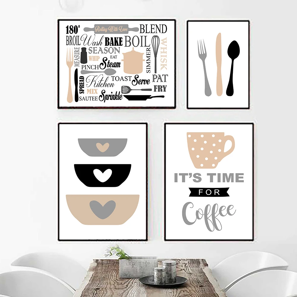 Coffee Cups Cutlery Poster Nordic Canvas Painting The Kitchen Utensils Wall Art Picture Print Dining Room Restaurant Cafes Decor
