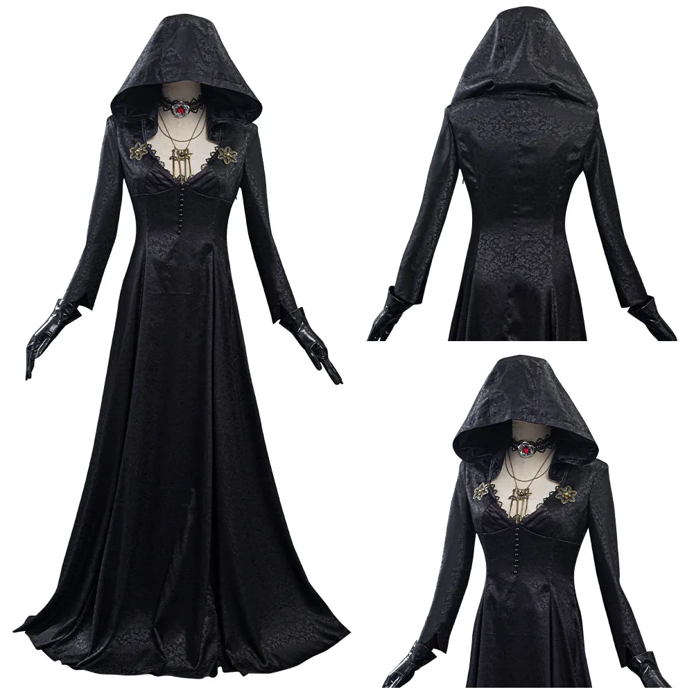 Resident Dorp Vampire Lady Cosplay Kostuum Zwarte Hooded Jurk Ketting Pak Halloween Carnaval Party Kleding