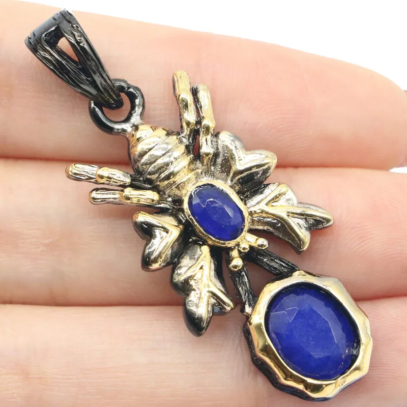 Buy 3 get 1 free 51x19mm Hiphop  9.5g Spider Real Blue Sapphire  Pink Kunzite For Women Black Gold Silver Pendant