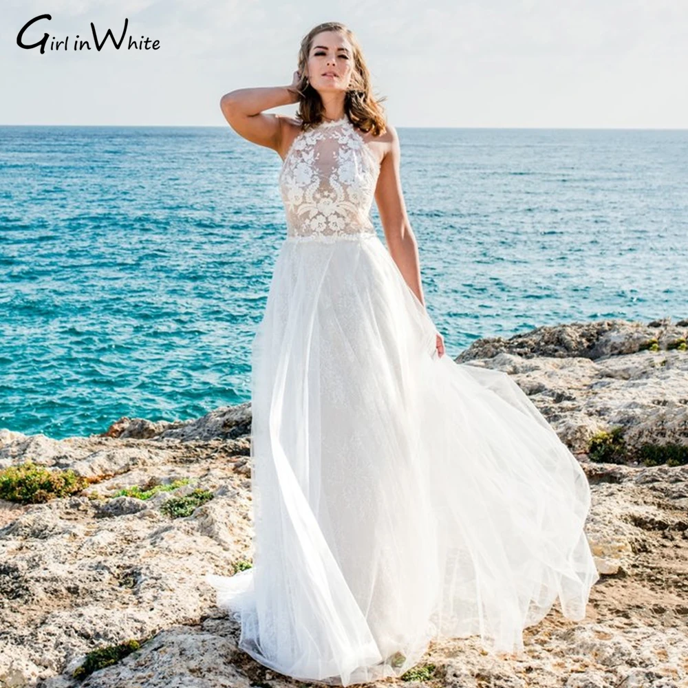 

Sexy Boho Lace Wedding Dress A-line Beach Backless Halter Bride Dresses Tullle Bohemian Cheap Bridal Gown Vestidos De Novia