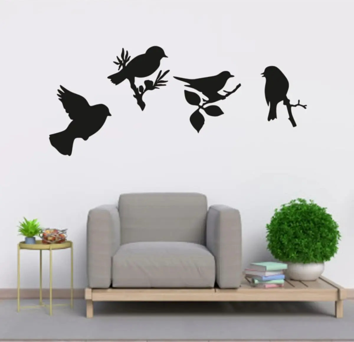 Set of 4 Bird Wood Wall Decoration Black Color Laser Cut Modern Nature Home Office New 3D Creative Stylish Living Room