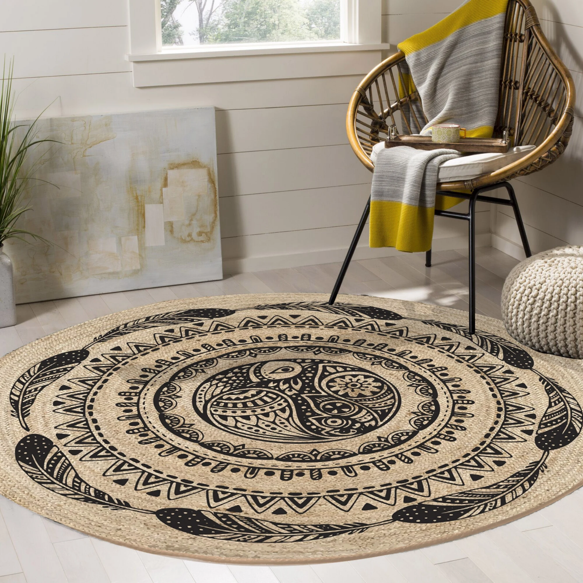 

Else Bohemian Bird Feathers Sisal Handmade Flatweave Natural Jute Carpet Round Floor Mat Living Room Bedroom Sisal Area Rug