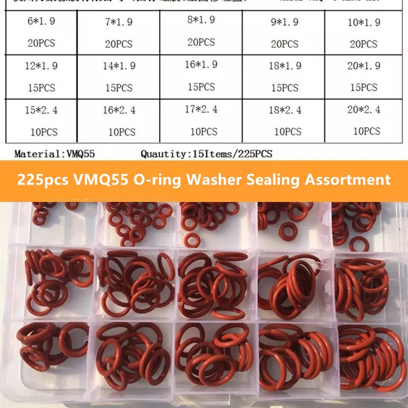 225pcs/set VMQ55 Washer Gasket O Ring Seal Assortment Kit Rubber Red/White O-Ring Watertightness Set With Plactic Box