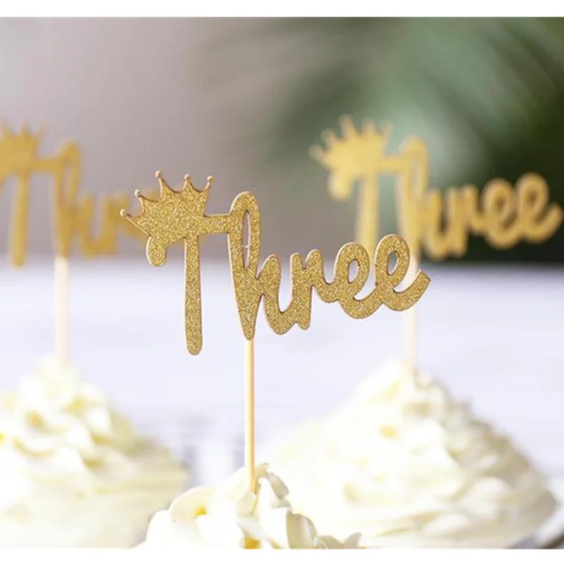 

Customised Three with Crown glitter Cupcake Toppers /Personalised 3 years old birthday Toppers Party Decorations birthday party