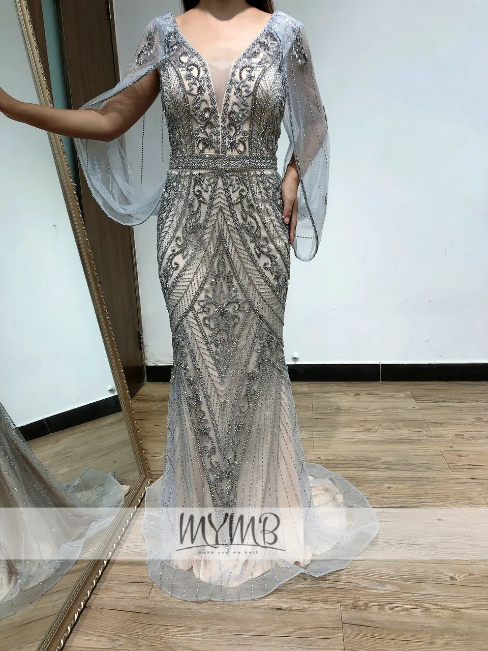 MYMB Brand Exclusive Full Crystal Beading Luxury Mother Of Bridal Dress With Cape Mermaid Plus Size Women Evening Gown MY81108