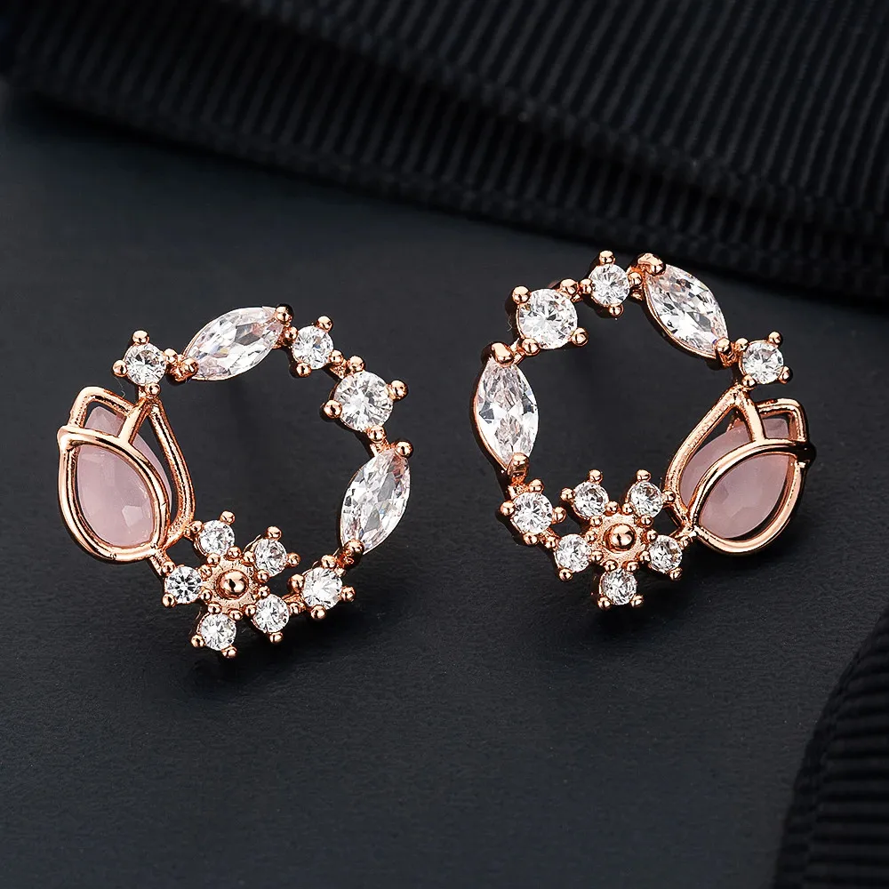 Lovely Garland Pink Opal Crystal Flower Earrings for Women Sweet Flower Cirlce Round Stud Earrings Jewelry Fashion Brincos Gift