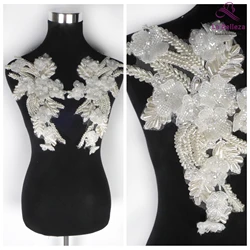 La Belleza white handmade beaded beautiful piece handmade3D flowers Rhinestone patch wedding dress applique accessories