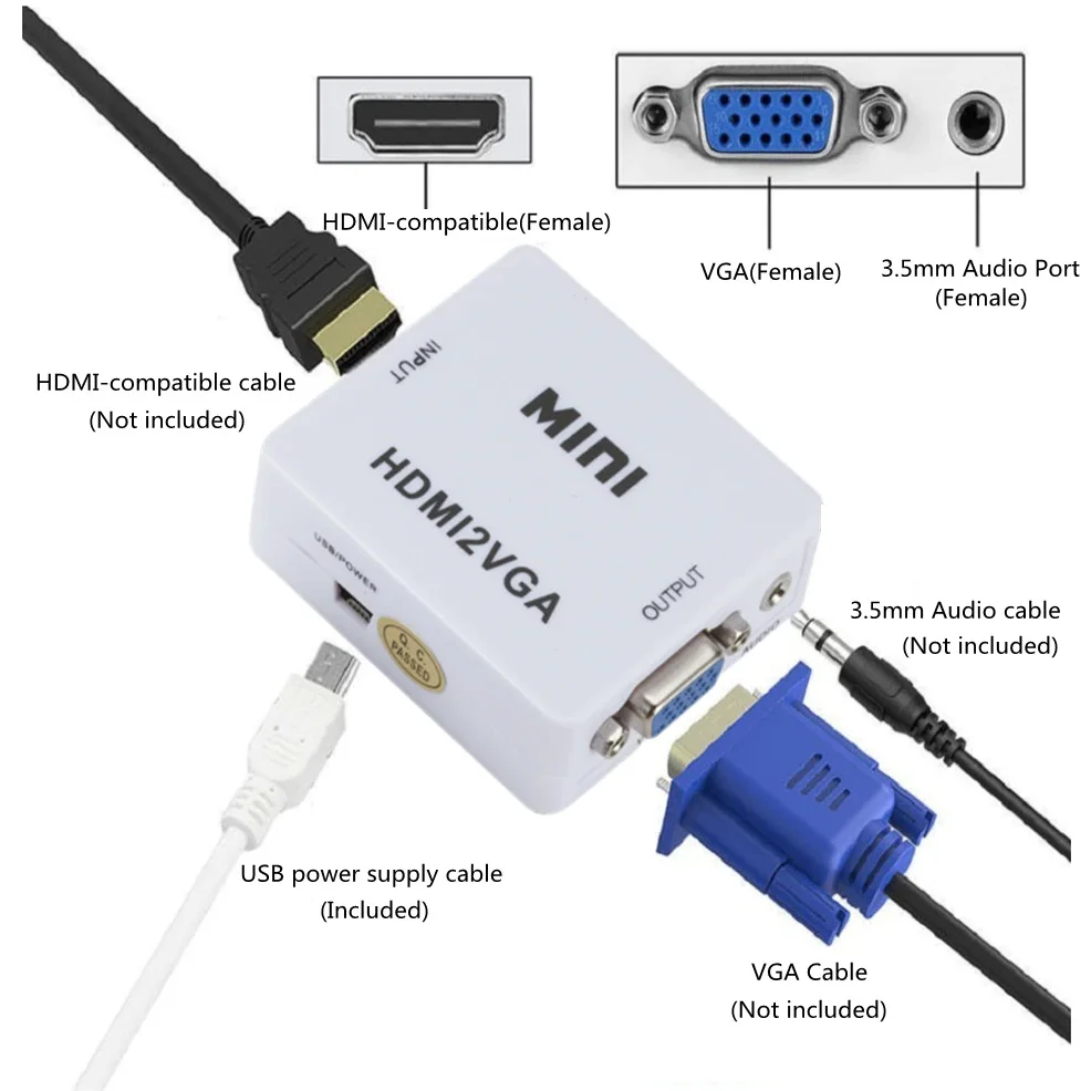 Konwerter BARAC HDMI2VGA HDMI 1080P MINI konwerter Adapter, kompatybilny z VGA, dla PC, laptop, TV, pudełko, PS3. Projektor ekran komputera XBOX