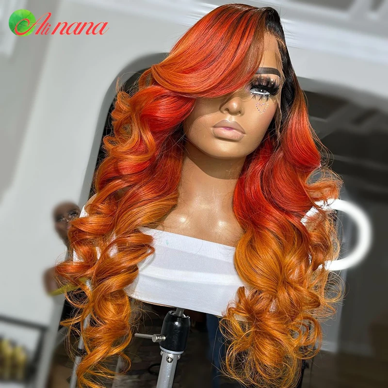 Ombre 1B Red Orange Colored 13×6 Lace Frontal Wigs Pre-Plucked Transparent Lace Ginger Brown Body Wave Human Hair Wig For Women