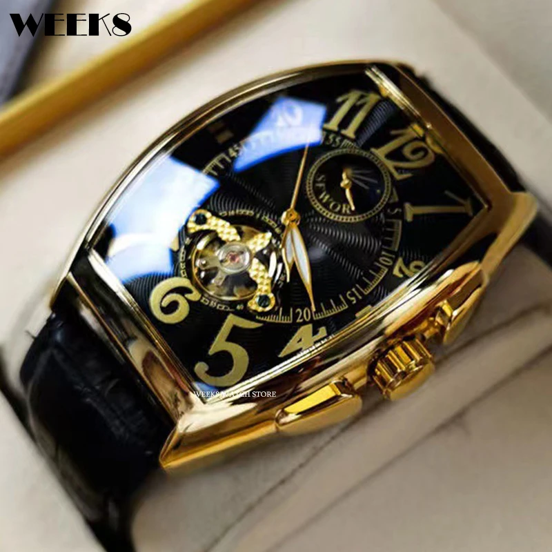 Luxury Automatic Mechanical Watch for Men Wrist Watch Tourbillon Skeleton Wrist Clock Tonneau Case Male Luminous Top Wristwatch