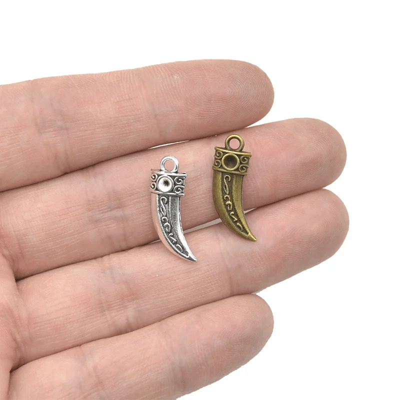 Wholesale 14pcs Antique Silver Plated Ox Horn Charms Snake Tooth Dagger Pendants For DIY Jewelry Accessories Making 23*8mm