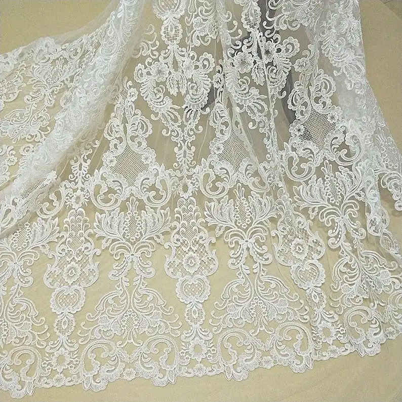 SALE Ivory Alencon Lace Fabric Corded Lace Fabric Retro Embroidered Floral Fabric  Bridal Lace Christening Gown Lace Fabric