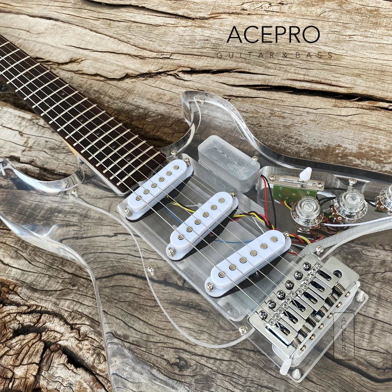 In Stock Acepro Acrylic Electric Guitar Colorful LED, Transparent Pickguard & Knobs, 3 Single Pickups, Maple Neck, Guitarra