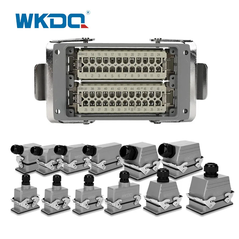 HDC-HE-048 Industrial Heavy Duty Connector 48 Core Cable Inserts Waterproof Socket 16A 500V HE48 Top/Side Rectangular Housing