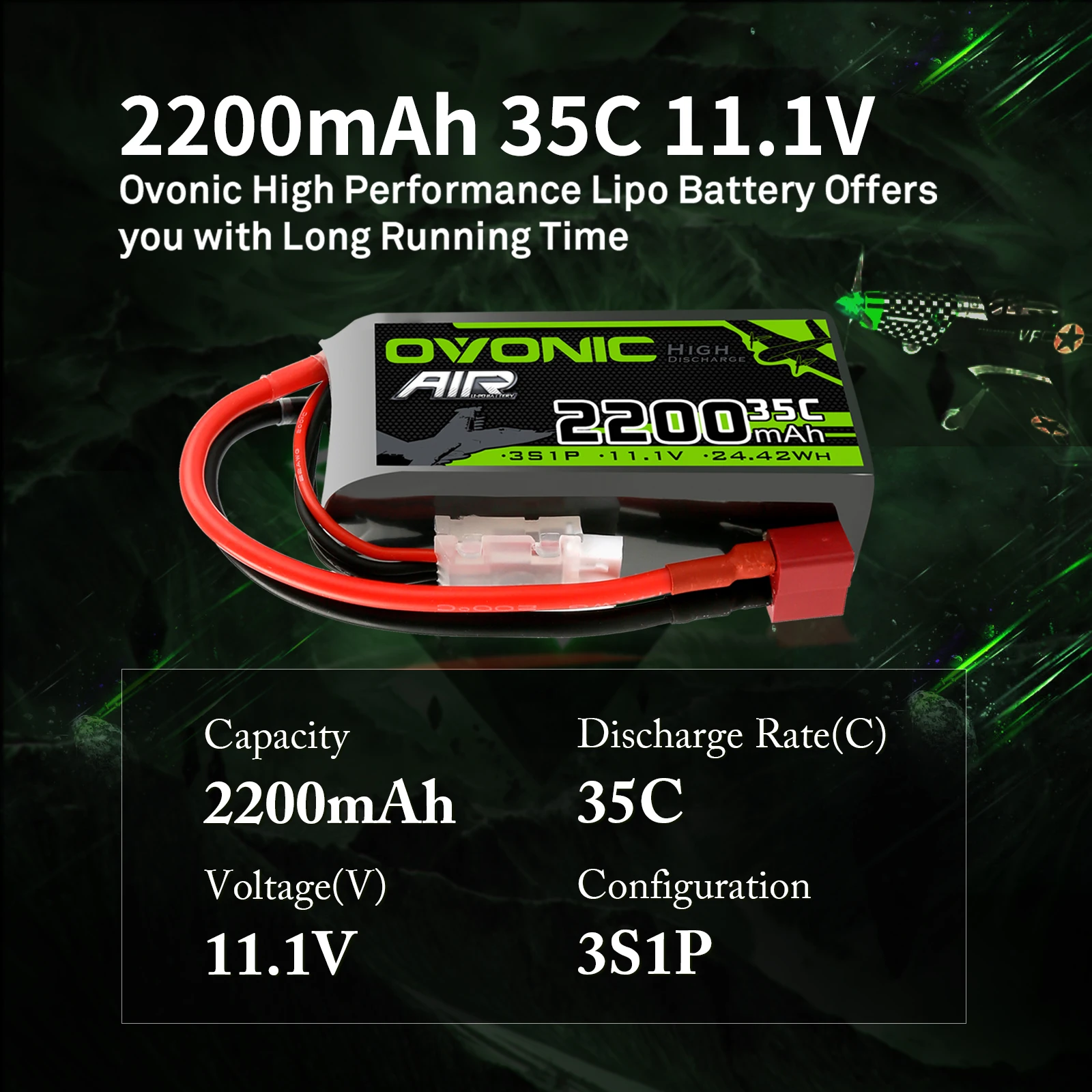 Ovonic 3S 2200MAh 11.1V 35C RC LiPo Baterai dengan Deans / T Plug untuk RC Helikopter Pesawat Quadrotor Drone 2 Buah