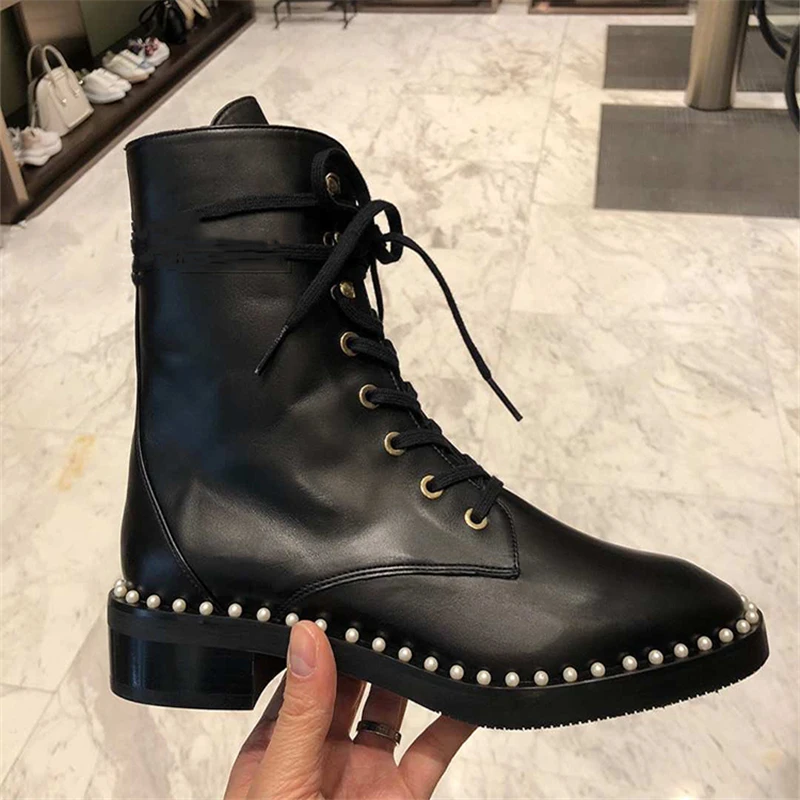 

Lace Up Women Boots Pearls Design Autumn Winter Shoes Woman Black Mortorcycle Ankle Booties Cross-tied Botas Mujer Invierno 2023