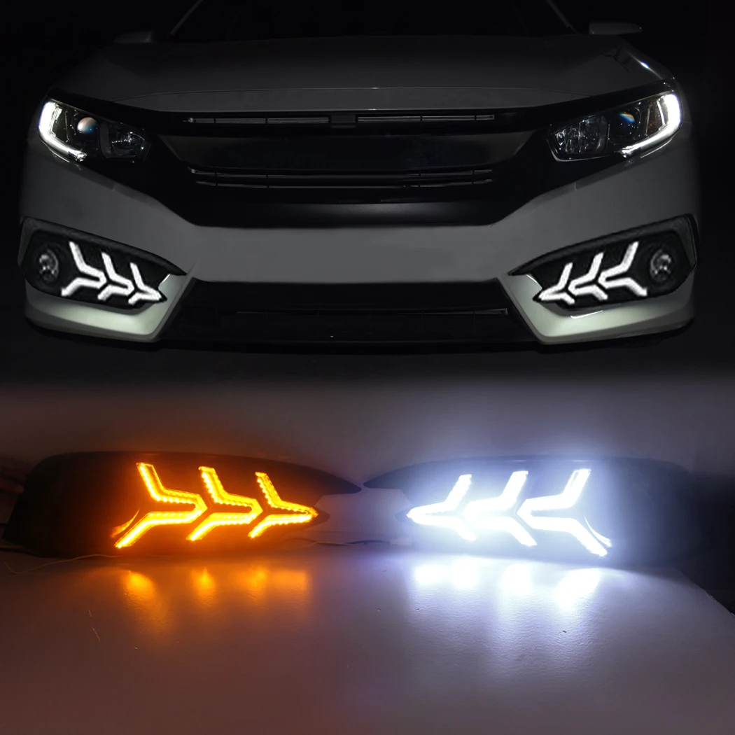 

2Pcs Front LED Daytime Running Light W/Fog Lamp Turn Signal Lights For 2016-2018 Honda Civic