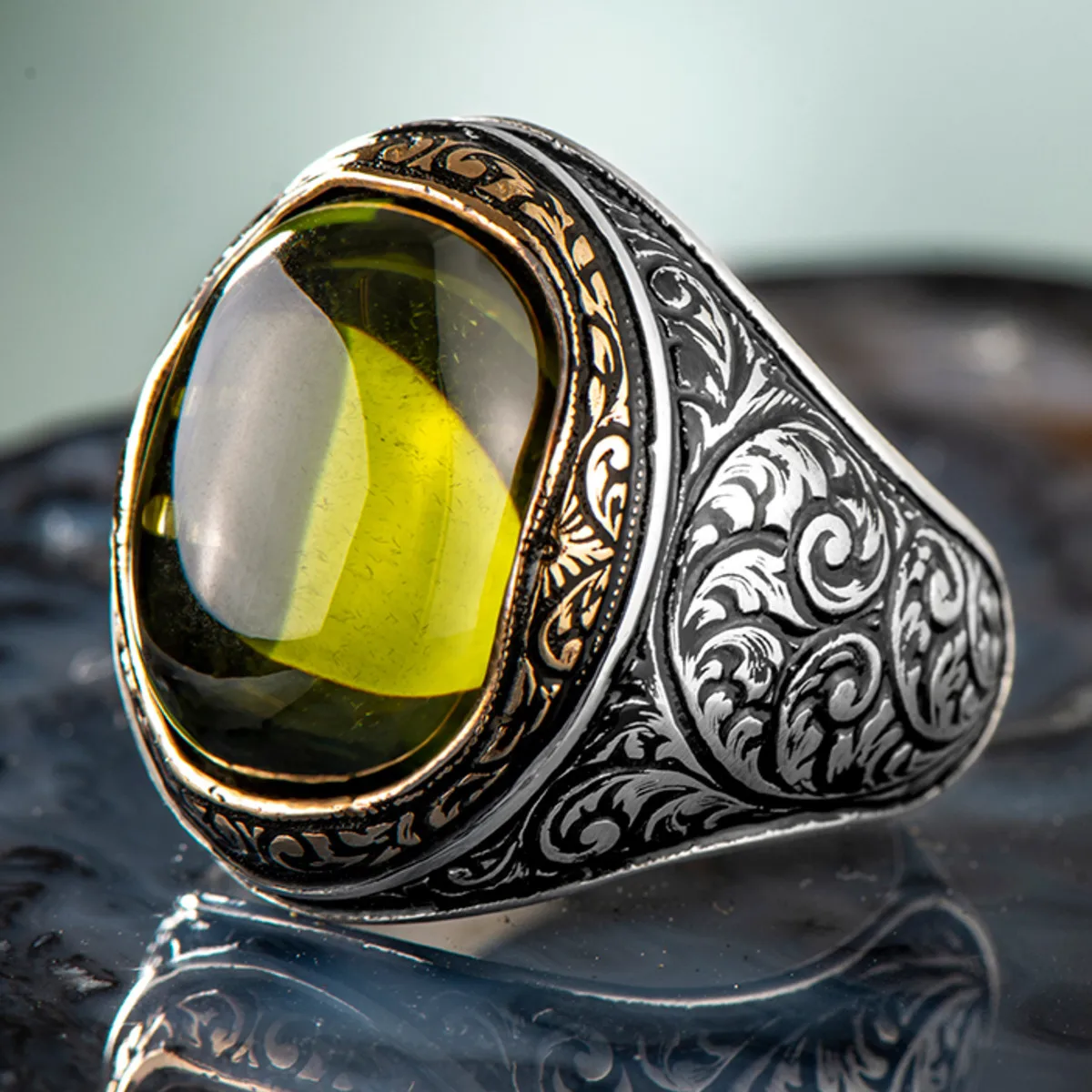 

925 Sterling Silver Olivia Stone Men's Ring Greenish/Yellow Stone Exclusive Design Special Accessory Big Ring Made in Turkey