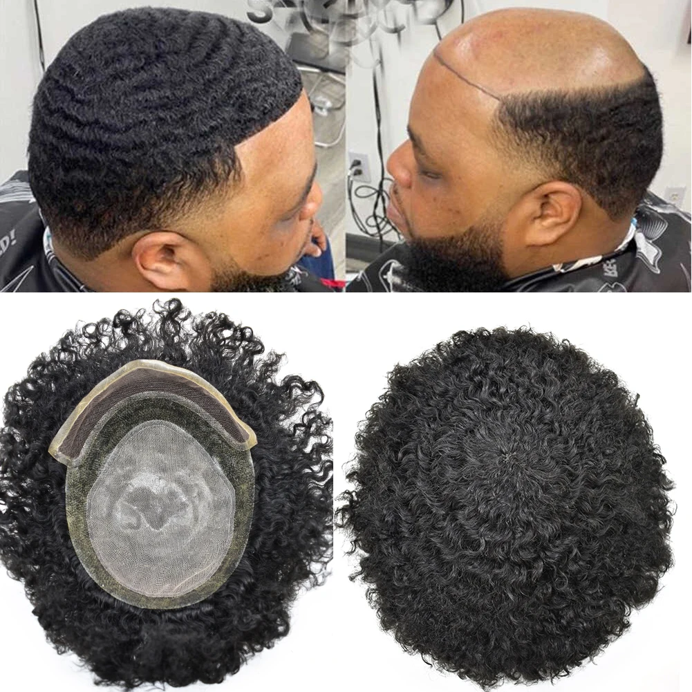 

Afro Curl Mens toupee French Lace Front Toupee PU Injection Hairpieces Breathable Holes for Black Men Hair Replacement System