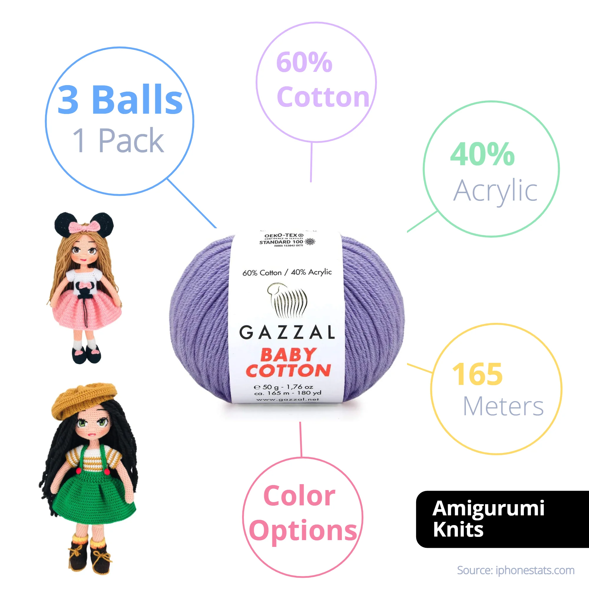 

Gazzal Baby Cotton Yarn Knitting 50 G 3 PCS 165 Mt Amigurumi White Blue Lilac Turquoise Black Red Pink Beige