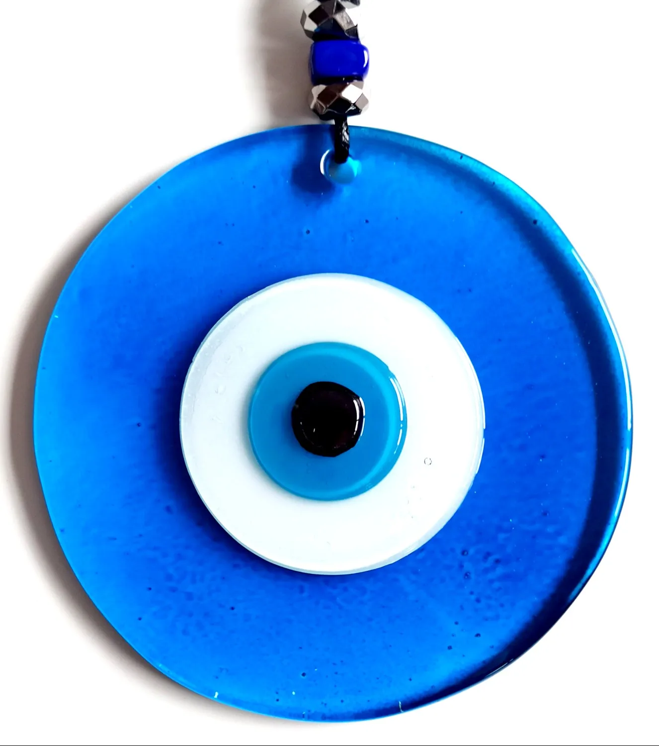 Blue Clear Glass Wall Ornament With Evil Eye Bead Handmade Leather String