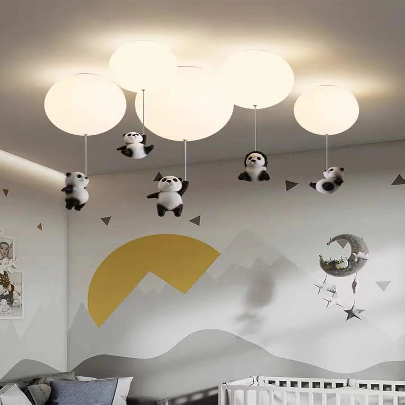 Creative Panda Led Chandeliers Balloon Lights Cute Baby Children Bedroom Living Dining Room Pendant Hanging Lightings Designer