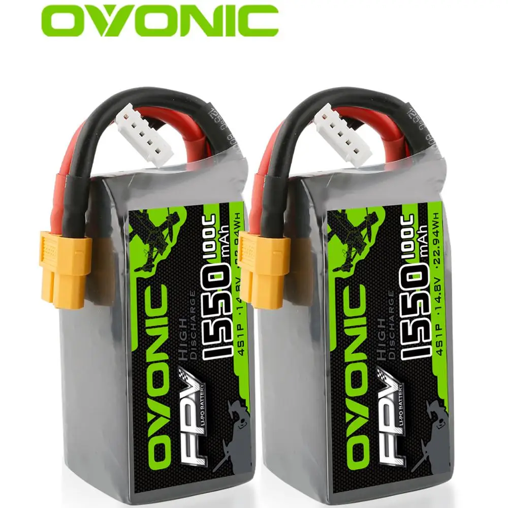 OVONIC 4S 1550mAh RC Battery 100C 14.8V FunFly LiPo Battery Pack with XT60 Plug for RC FPV Boat Heli Airplane UAV Drone 2units