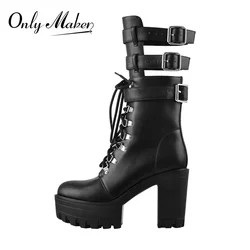 Onlymaker Women Lace Up Ankle BootsChunky High Heels Hollow Matte Black Patent Leather Platform Buckles Big Size Boots