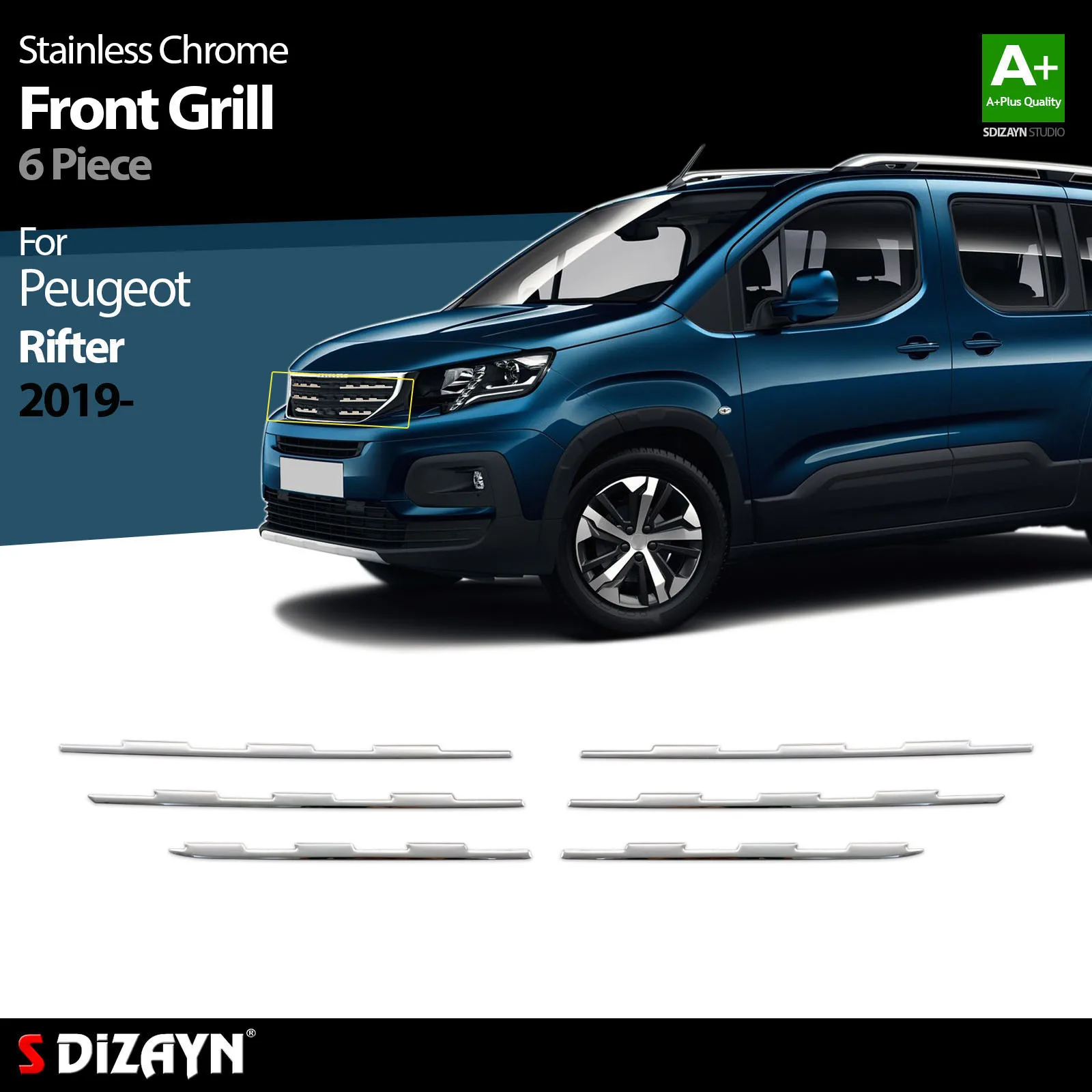 S Dizayn For Peugeot Rifter Chrome Front Grill Stainless Steel 6 Pcs Exterior Car Accessories Parts Auto Products Stickers Style