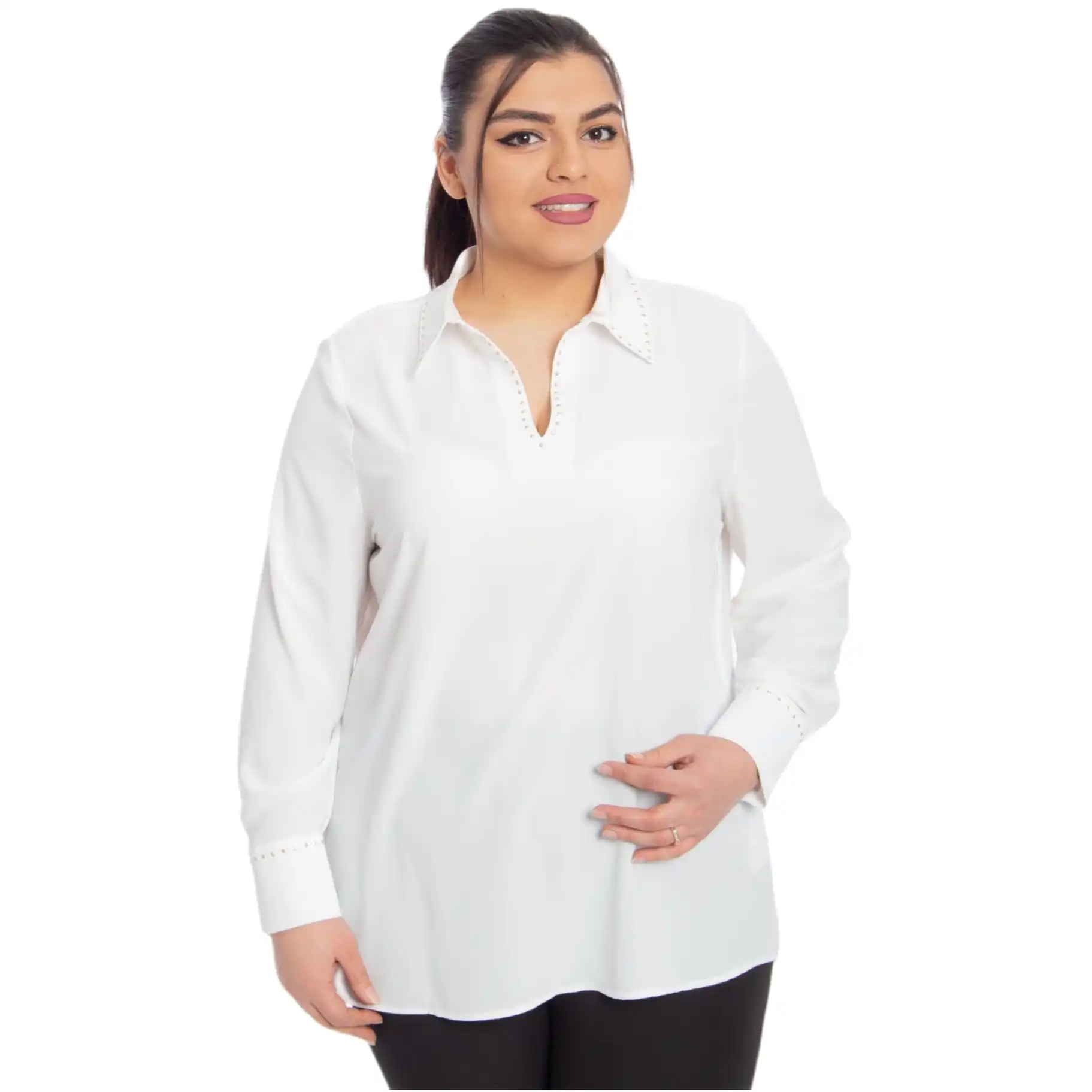 Hanezza Plus Size Women Fashion 2021 Summer Clothing Solid Long Sleeve Elegant Knitted Shirts 2XL - 6XL Large Size Turn-Down Collar Chic Tops 42 - 52 EU Office Wear Female Plus Body Type Black, White, Red, Khaki, Green