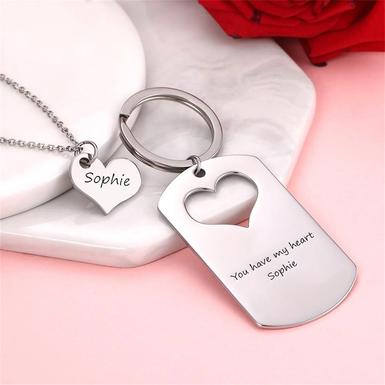 Custom Engraved Couple Keychain And Necklace Set-Heart Dog Tag Stainless Steel Personalized Key Heart Puzzle Keychain Set Gift