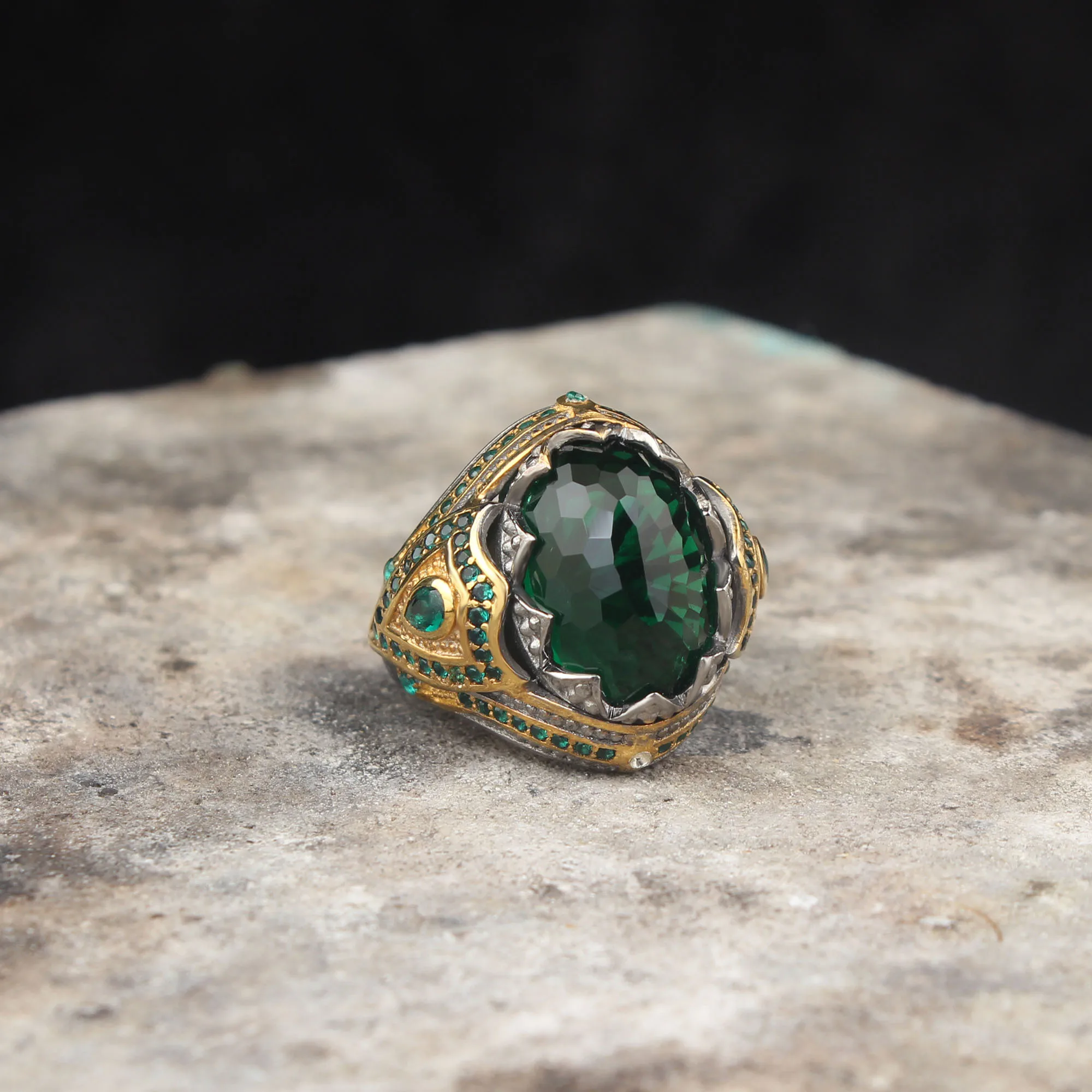 925 Sterling Silver Emerald Gemstone Men Silver Ring, Green Micro Zircon Stone Silver Ring For Men, Vintage Men Ring