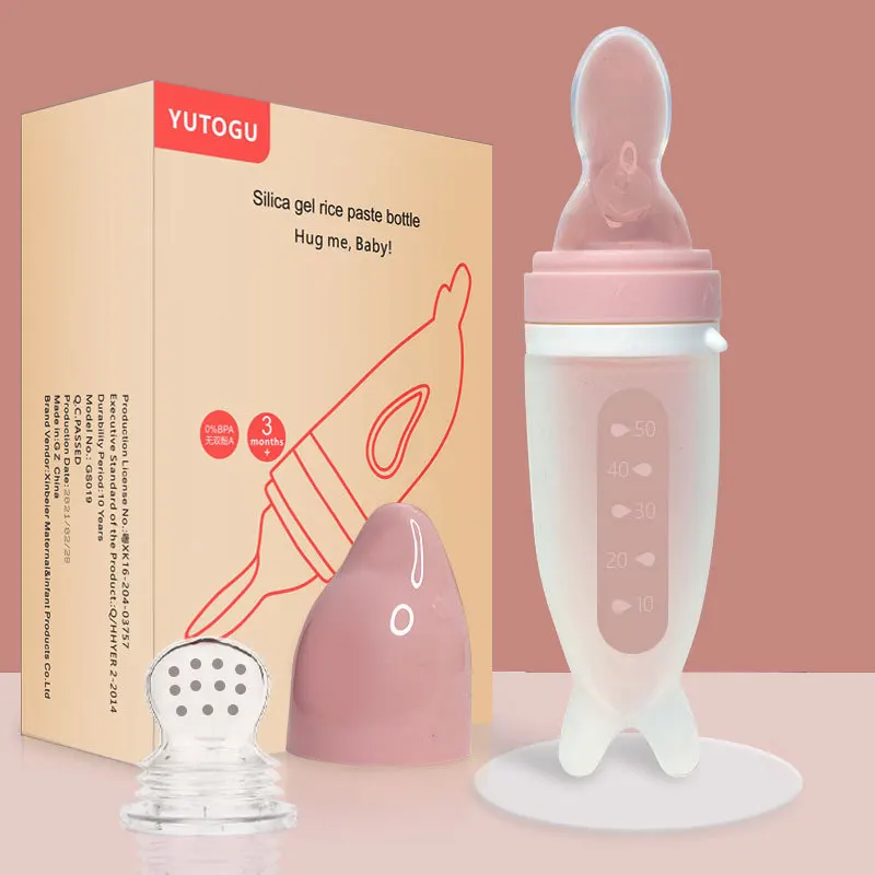 Imaby-garrafa de comida para bebé, silicone, golfinho, arroz, cereais, colher, talheres, produtos para bebés